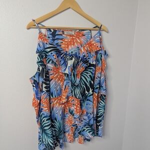 Jennifer Lopez Tropical Ruffle Tank Top, (Approx 2X/3X), Colorful Monstera Print